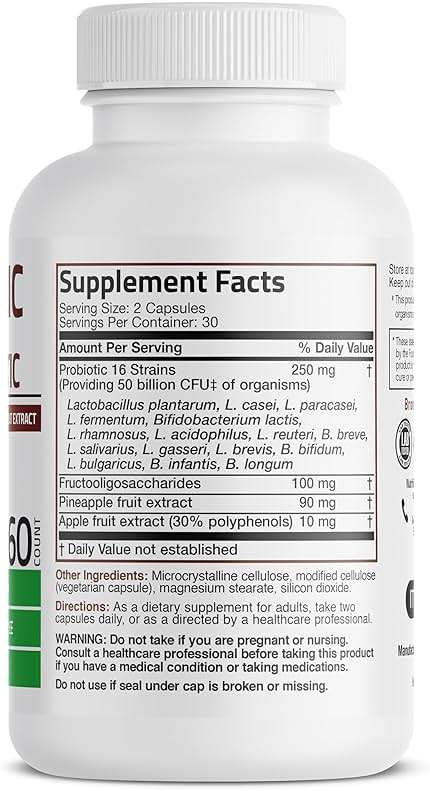 Bronson Probiotic 50 Billion CFU + Prebiotic with Apple Polyphenols & Pineapple Fruit Extract for Women & Men Non-GMO, 60 Vegetarian Capsules - Image 2