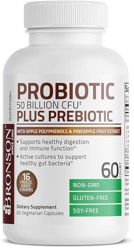 Bronson Probiotic 50 Billion CFU + Prebiotic with Apple Polyphenols & Pineapple Fruit Extract for Women & Men Non-GMO, 60 Vegetarian Capsules - Image 6