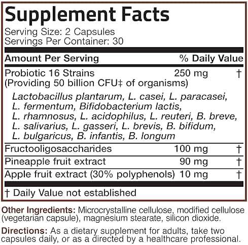 Bronson Probiotic 50 Billion CFU + Prebiotic with Apple Polyphenols & Pineapple Fruit Extract for Women & Men Non-GMO, 60 Vegetarian Capsules - Image 9