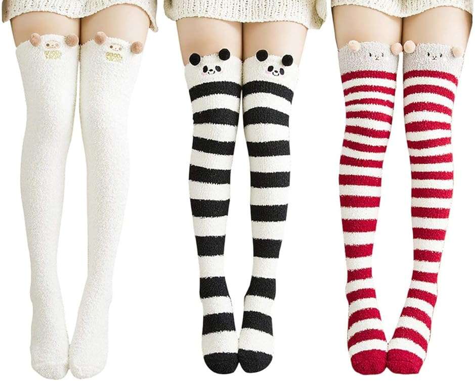 Wander G Womens Over Knee High Fuzzy Socks Cute Cartoon Thigh High Stockings Warm Stripe Leg Warmers - Image 1
