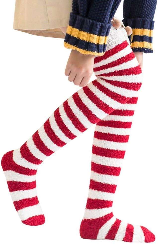 Wander G Womens Over Knee High Fuzzy Socks Cute Cartoon Thigh High Stockings Warm Stripe Leg Warmers - Image 5