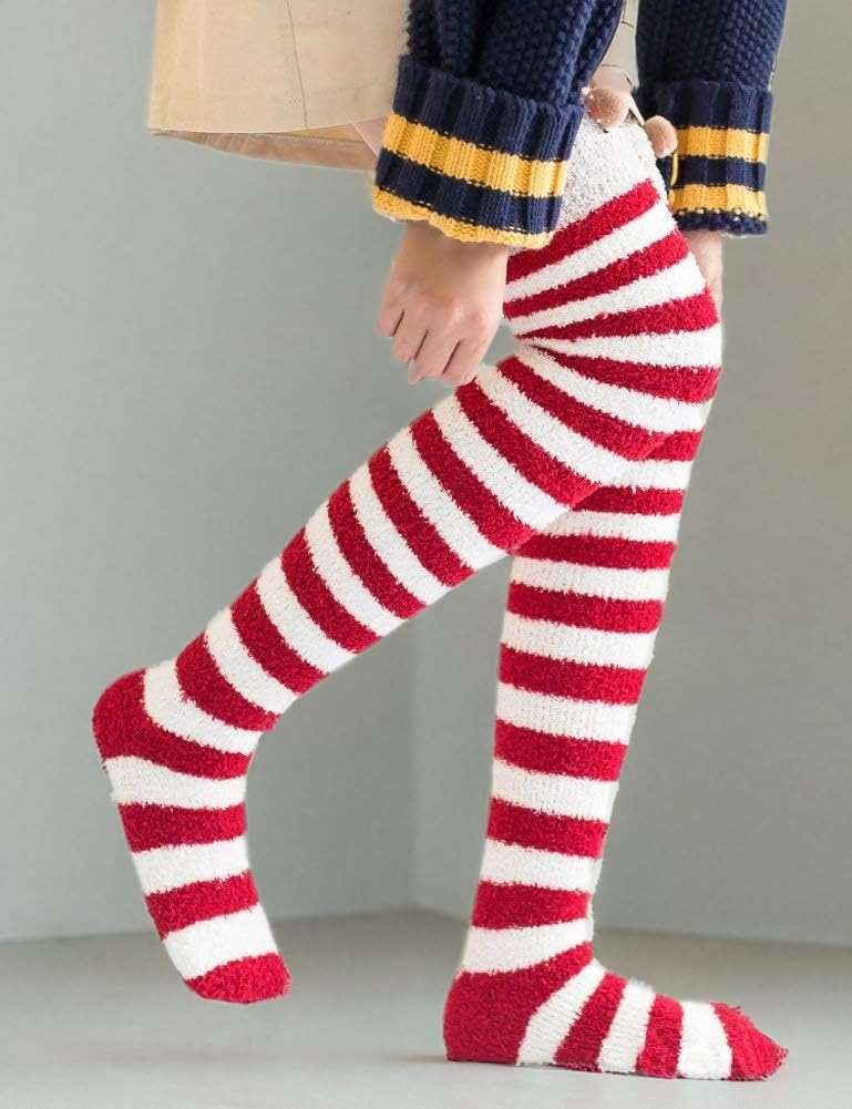 Wander G Womens Over Knee High Fuzzy Socks Cute Cartoon Thigh High Stockings Warm Stripe Leg Warmers - Image 7