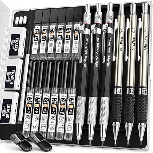 Nicpro 6PCS Art Mechanical Pencil Set, 3PCS Metal Drafting Pencil 0.5 mm & 0.7 mm & 0.9 mm & 3PCS 2mm Graphite Lead Holder (2B HB 2H) For Writing, Sketching Drawing With Lead Refills Case - Image 1