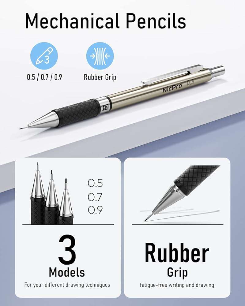 Nicpro 6PCS Art Mechanical Pencil Set, 3PCS Metal Drafting Pencil 0.5 mm & 0.7 mm & 0.9 mm & 3PCS 2mm Graphite Lead Holder (2B HB 2H) For Writing, Sketching Drawing With Lead Refills Case - Image 3