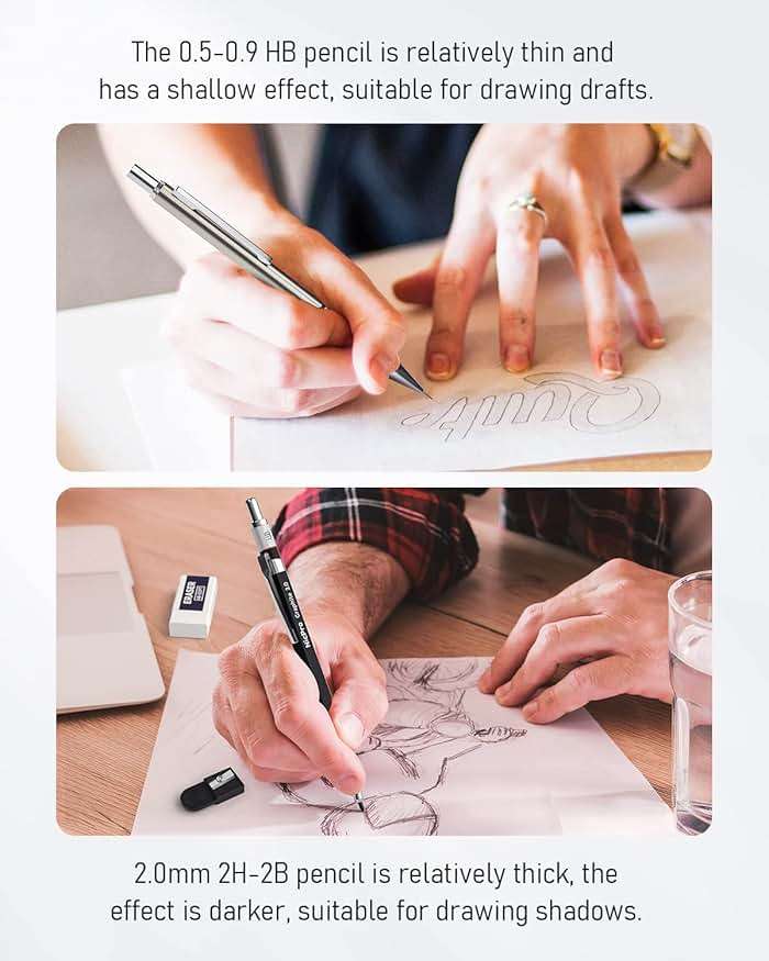 Nicpro 6PCS Art Mechanical Pencil Set, 3PCS Metal Drafting Pencil 0.5 mm & 0.7 mm & 0.9 mm & 3PCS 2mm Graphite Lead Holder (2B HB 2H) For Writing, Sketching Drawing With Lead Refills Case - Image 4
