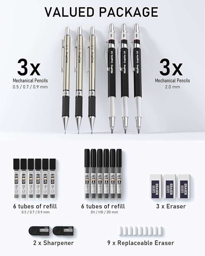 Nicpro 6PCS Art Mechanical Pencil Set, 3PCS Metal Drafting Pencil 0.5 mm & 0.7 mm & 0.9 mm & 3PCS 2mm Graphite Lead Holder (2B HB 2H) For Writing, Sketching Drawing With Lead Refills Case - Image 5