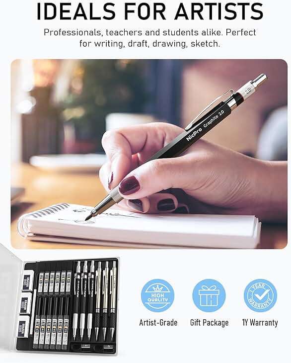 Nicpro 6PCS Art Mechanical Pencil Set, 3PCS Metal Drafting Pencil 0.5 mm & 0.7 mm & 0.9 mm & 3PCS 2mm Graphite Lead Holder (2B HB 2H) For Writing, Sketching Drawing With Lead Refills Case - Image 6