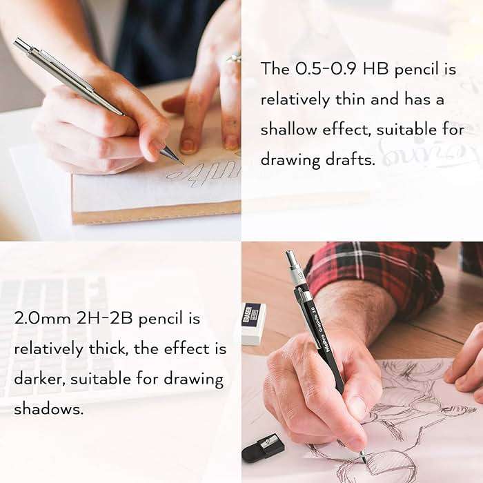 Nicpro 6PCS Art Mechanical Pencil Set, 3PCS Metal Drafting Pencil 0.5 mm & 0.7 mm & 0.9 mm & 3PCS 2mm Graphite Lead Holder (2B HB 2H) For Writing, Sketching Drawing With Lead Refills Case - Image 8