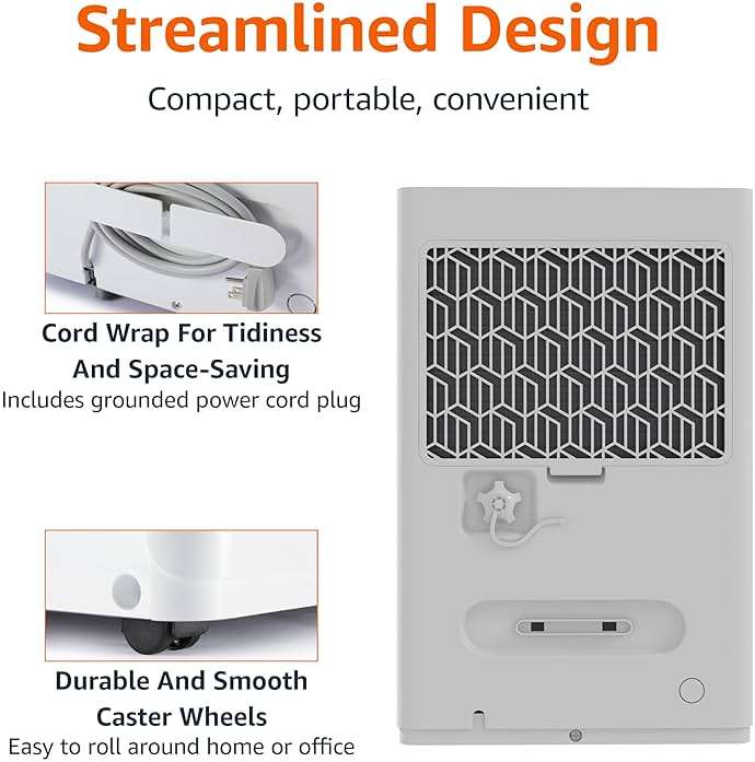 Amazon Basics 50-Pint Large Dehumidifier with Pump, Energy Star Certified, Humidity Control, Auto-Defrost, Timer, Overflow Protection for Rooms up to 4000 SFT, White - Image 6