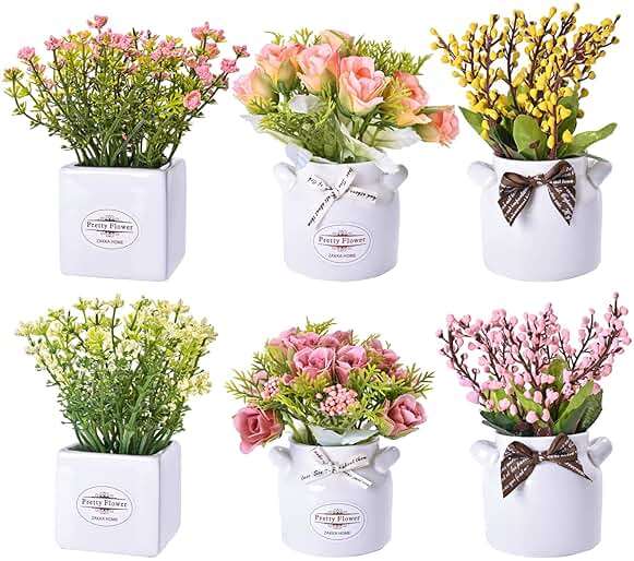LUEUR 6Pcs Artificial Flowers with Ceramic Pot Fake Flower Arrangements Small Faux Spring Flowers in Vase Spring/Summer Decor, Centerpiece Table Decorations for Easter Home Office Shelf - Image 1