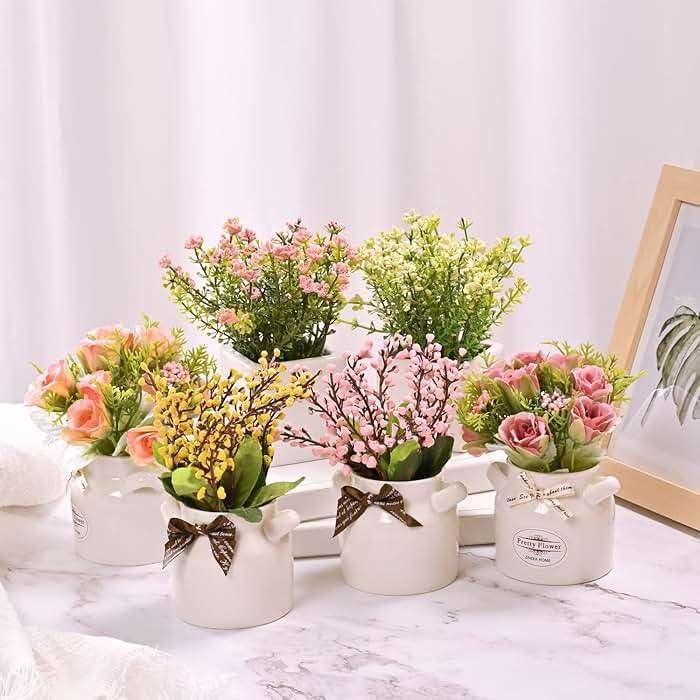 LUEUR 6Pcs Artificial Flowers with Ceramic Pot Fake Flower Arrangements Small Faux Spring Flowers in Vase Spring/Summer Decor, Centerpiece Table Decorations for Easter Home Office Shelf - Image 2