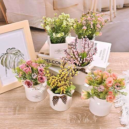 LUEUR 6Pcs Artificial Flowers with Ceramic Pot Fake Flower Arrangements Small Faux Spring Flowers in Vase Spring/Summer Decor, Centerpiece Table Decorations for Easter Home Office Shelf - Image 5