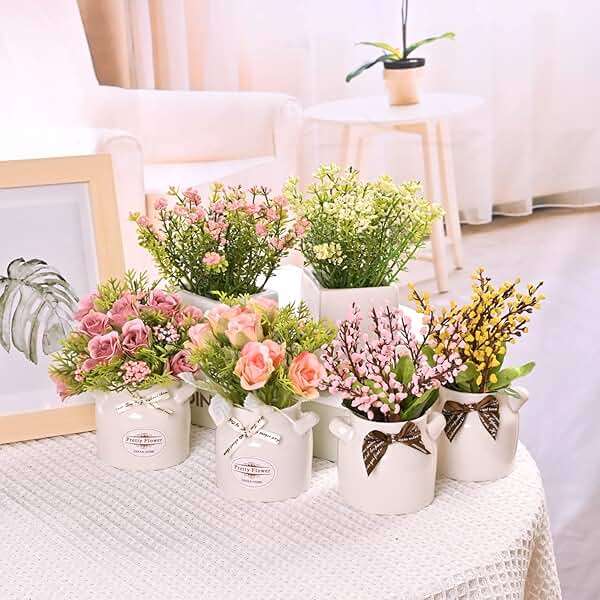 LUEUR 6Pcs Artificial Flowers with Ceramic Pot Fake Flower Arrangements Small Faux Spring Flowers in Vase Spring/Summer Decor, Centerpiece Table Decorations for Easter Home Office Shelf - Image 6