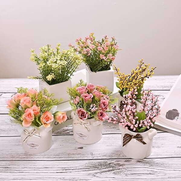 LUEUR 6Pcs Artificial Flowers with Ceramic Pot Fake Flower Arrangements Small Faux Spring Flowers in Vase Spring/Summer Decor, Centerpiece Table Decorations for Easter Home Office Shelf - Image 7