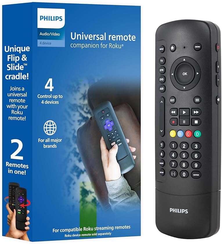 Philips Universal Remote Control for Roku TV Slide-in Cradle Roku Remote Replacement for use as Samsung TV Vizio Remote TCL LG 4-Device SRP2024R/27 - Image 1