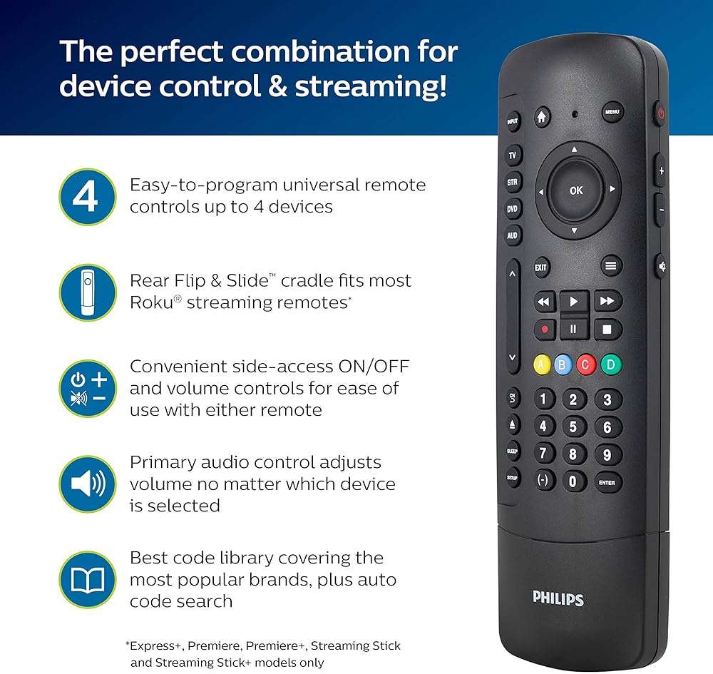 Philips Universal Remote Control for Roku TV Slide-in Cradle Roku Remote Replacement for use as Samsung TV Vizio Remote TCL LG 4-Device SRP2024R/27 - Image 8