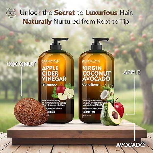 MAJESTIC PURE Apple Cider Vinegar Shampoo and Avocado Coconut Conditioner Set - Restores Shine & Reduces Itchy Scalp, Dandruff & Frizz - Sulfate Free, for All Hair Types, Men and Women - 2 x 16 fl oz - Image 2