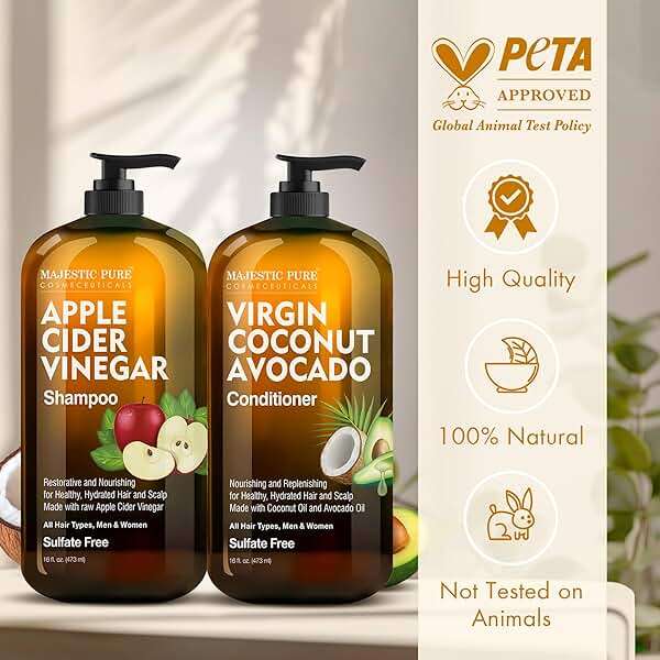 MAJESTIC PURE Apple Cider Vinegar Shampoo and Avocado Coconut Conditioner Set - Restores Shine & Reduces Itchy Scalp, Dandruff & Frizz - Sulfate Free, for All Hair Types, Men and Women - 2 x 16 fl oz - Image 4