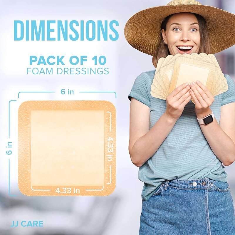 JJ CARE Silicone Foam Dressing 6x6 [Pack of 10], Silicone Bandages for Wounds, Waterproof Wound Dressing with Adhesive Border, Absorbent Bed Sore Bandages for Wound Care - Image 4