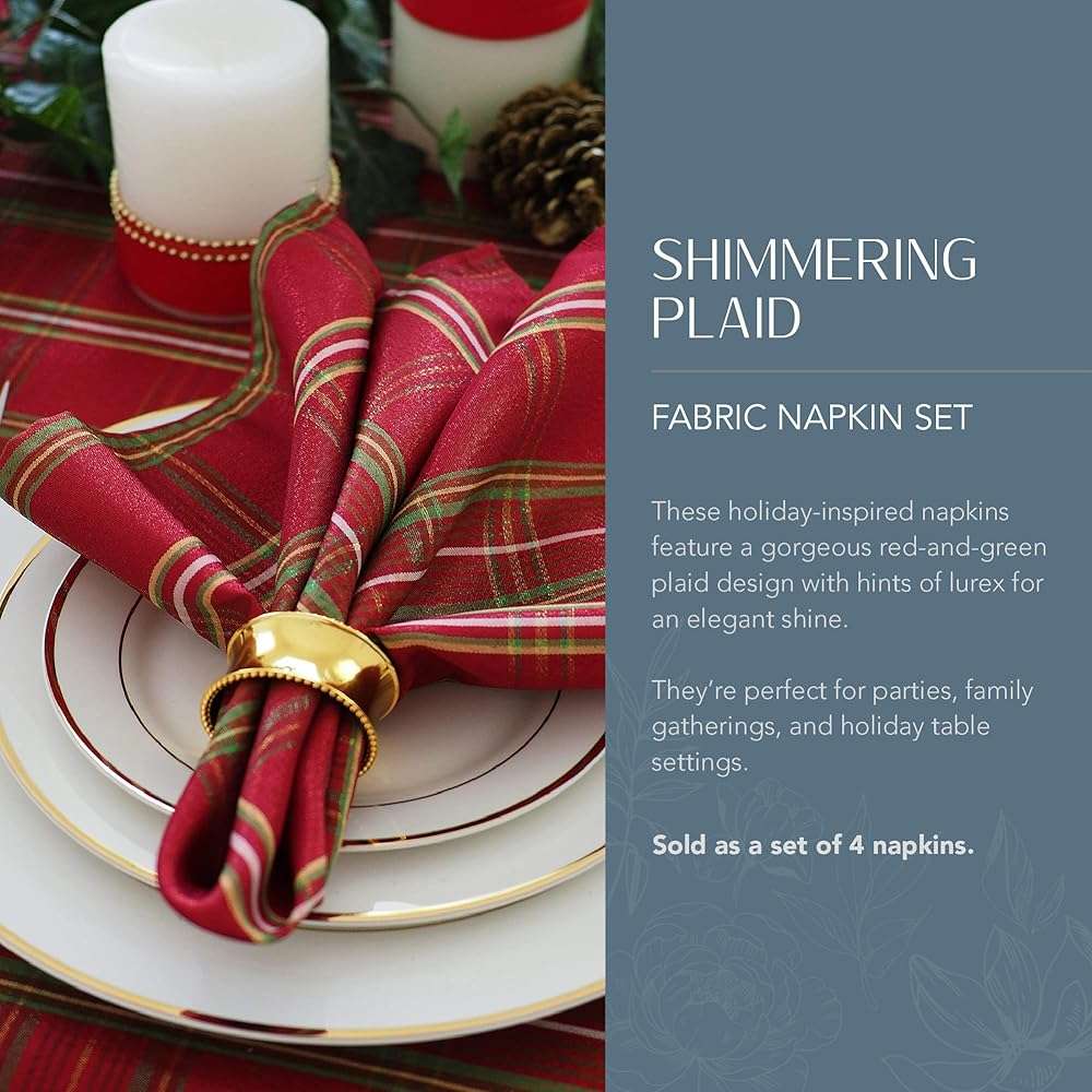 Elrene Home Fashions Shimmering Plaid Holiday Cloth Napkins, Set of 4, 17 Inches x 17 Inches, Red - Image 2