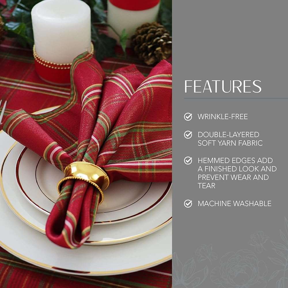 Elrene Home Fashions Shimmering Plaid Holiday Cloth Napkins, Set of 4, 17 Inches x 17 Inches, Red - Image 3