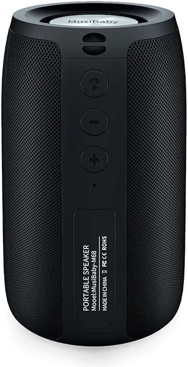 Musibaby M68 Portable Bluetooth Speaker, 12W, IPX5, FM, USB/AUX, Black | Portable 12W speaker for bedroom, desk, patio and travel. IPX5 splash-resistant with FM, USB drive, AUX and dual pairing. - Image 1