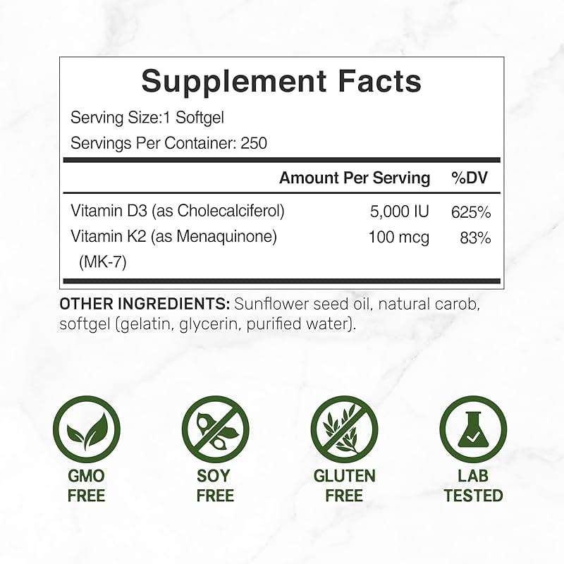 DEAL SUPPLEMENT Vitamin D3 5,000 IU + K2 MK7 Softgels, 250 Count | 2-in-1 Complex | Easy to Swallow - Image 2