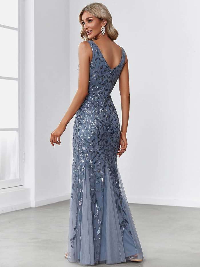 Ever-Pretty Women's Formal Dress Sequin Tulle Double V-Neck Sleeveless Mermaid Long Evening Dress 07886 - Image 2