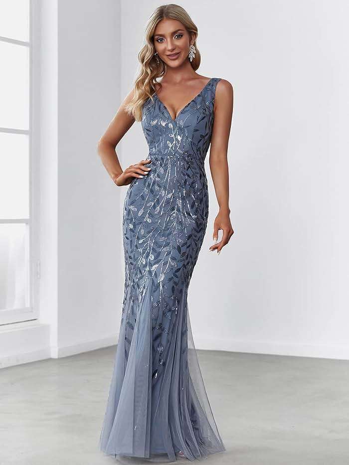 Ever-Pretty Women's Formal Dress Sequin Tulle Double V-Neck Sleeveless Mermaid Long Evening Dress 07886 - Image 3