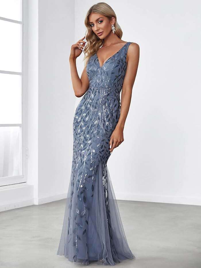 Ever-Pretty Women's Formal Dress Sequin Tulle Double V-Neck Sleeveless Mermaid Long Evening Dress 07886 - Image 4
