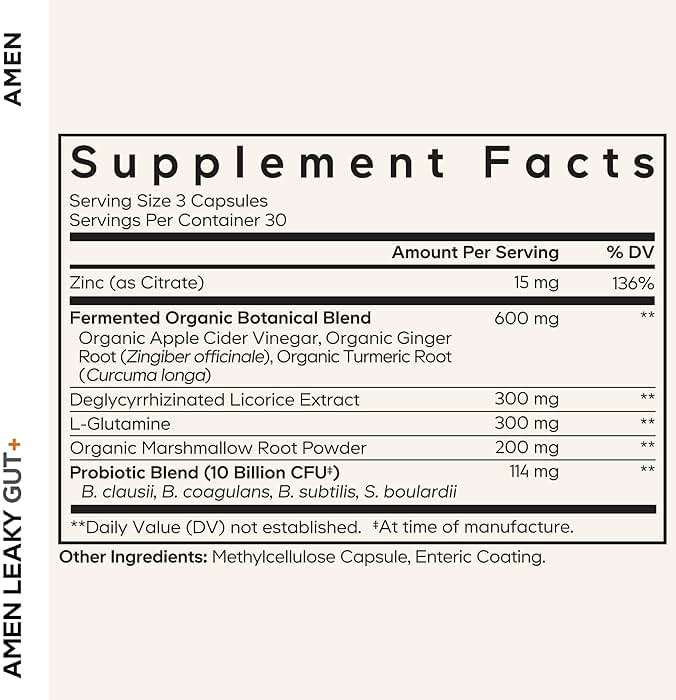 Amen Leaky Gut Supplement - Advanced Formula with Bioavailable L Glutamine, Zinc, Turmeric, DGL Licorice Root - Marshmallow Root - Probiotics & Fermented Prebiotics - Vegan, Non-GMO - 90 Capsules - Image 3
