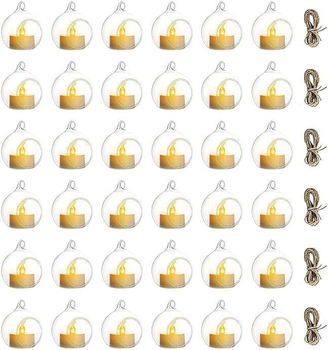 NUPTIO Mini Hanging Glass Tealight Globe Candle Holder with LED Candle, 2.36 Inches Diameter, Wedding Party Tree Decoration (36 Pcs) - Image 1