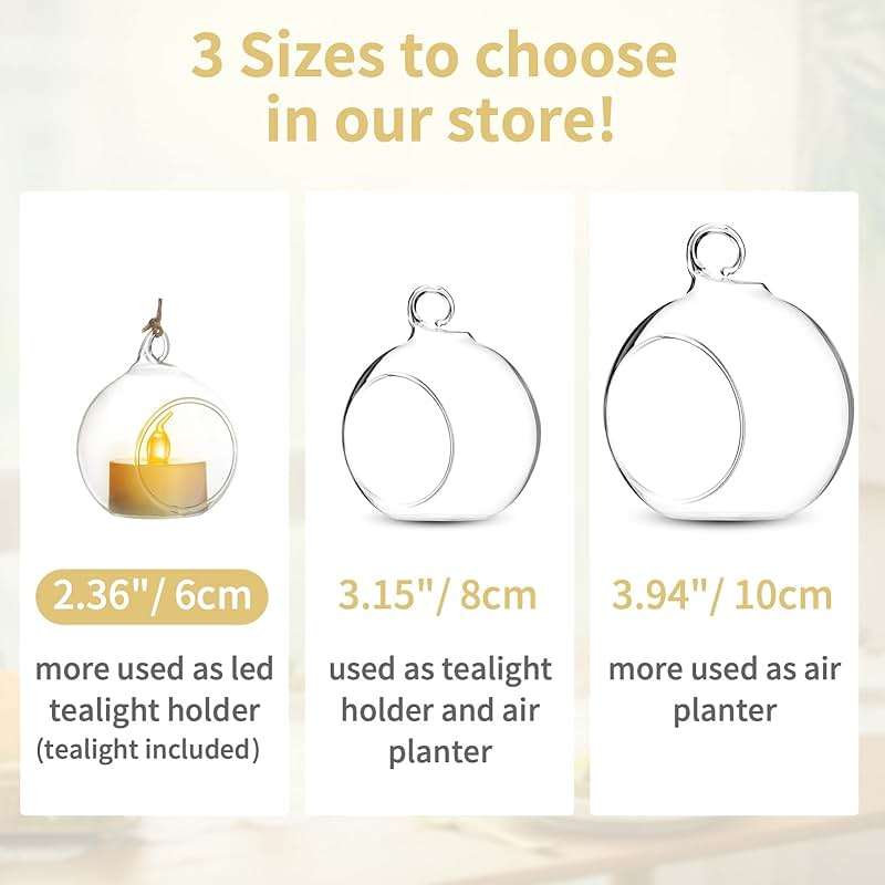 NUPTIO Mini Hanging Glass Tealight Globe Candle Holder with LED Candle, 2.36 Inches Diameter, Wedding Party Tree Decoration (36 Pcs) - Image 6
