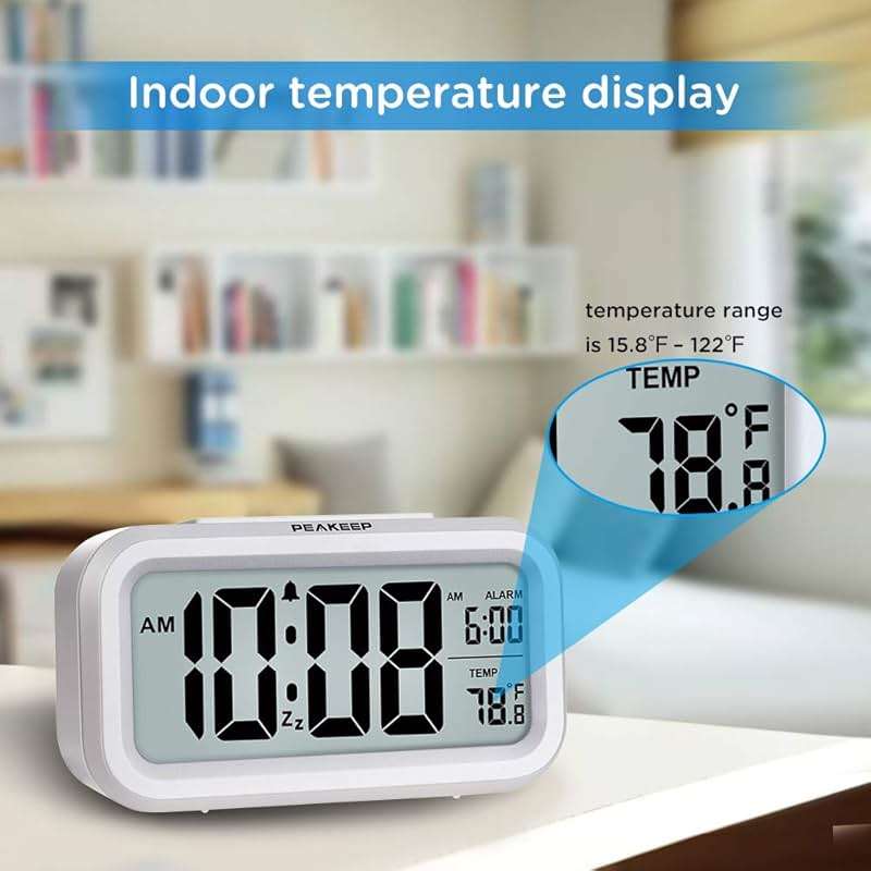 Peakeep Night Light Digital Alarm Clock Battery Operated with Indoor Temperature, Desk Small Clock (White) - Image 5
