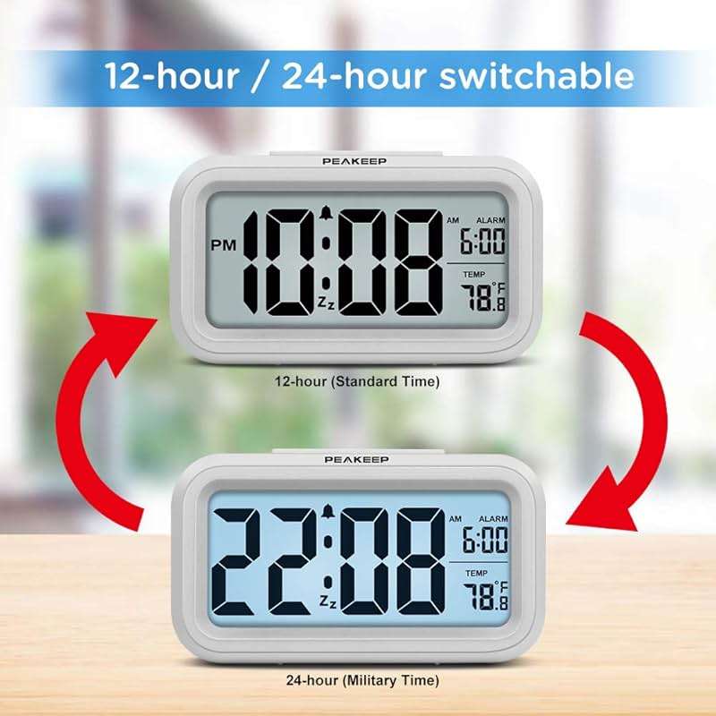 Peakeep Night Light Digital Alarm Clock Battery Operated with Indoor Temperature, Desk Small Clock (White) - Image 6