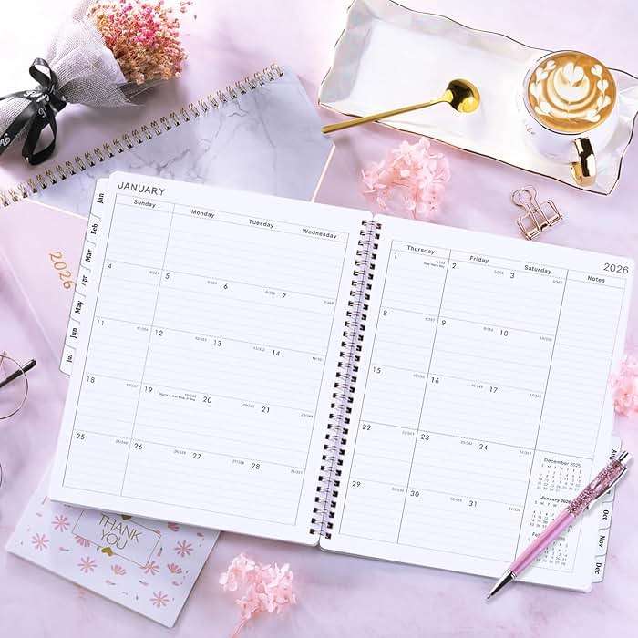 Planner 2026-2027 - Academic Planner 2026-2027, Jul. 2026 - June. 2027, 8" x 10", Planner Weekly and Monthly with Tabs, Planners 2026, 12 Month Calendar with Colourful Tabs, Twin-Wire Binding - Pink Marble - Image 2