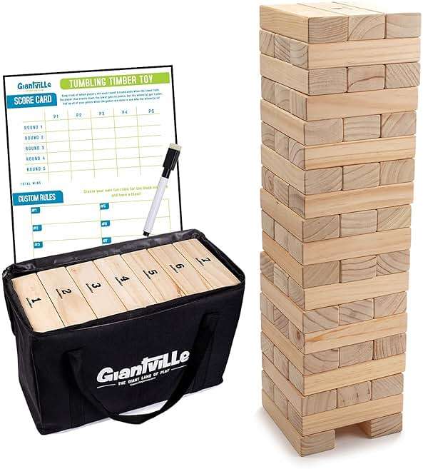 Giantville Giant Tumbling Timber Toy - STEAM-Credited Premium Pine Wood Blocks Tower - Indoor/Outdoor Yard Game for Kids & Adults - 56 Pieces + Carry Bag - Grows to Over 4 Feet - Image 1