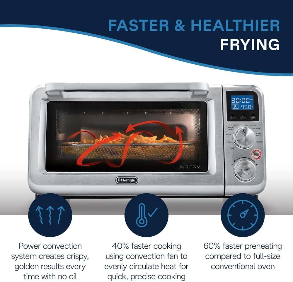 De'Longhi Digital Air Fry Convection Toaster Oven 14L Stainless Steel, Air Fry Oven, 9-in-1, Grills, Broils, Bakes, Roasts, Reheats, Keep Warm, Non-Stick, Scratch-Resistant Interior, 1800-Watts - Image 3