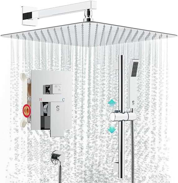 SR SUN RISE 12 Inch Slide Bar Shower System, Square Rain Shower Head and Handheld Spray, Wall Mounted Shower Faucets Sets Complete Included Valve and Shower Trim Kit, Polished Chrome - Image 1