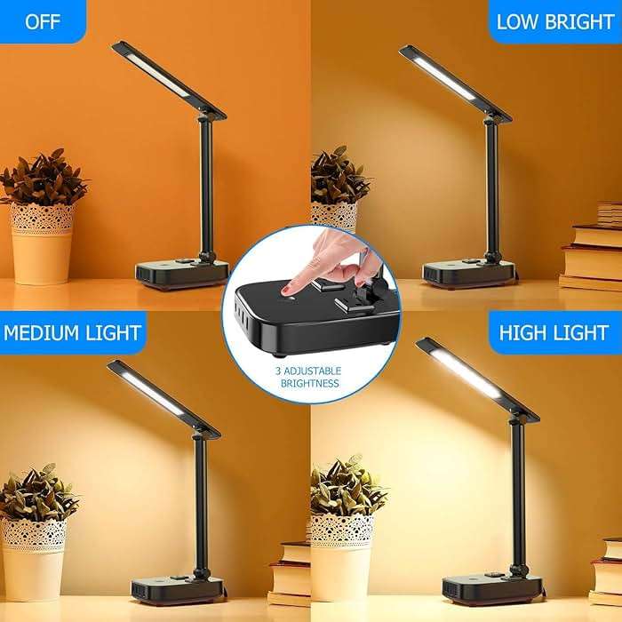 Yostyle LED Desk Lamp with 4 USB Charging Ports and 2 AC Outlets,5ft Extension Cord Power Strip Station, 3 Level Brightness, Touch Dimmer Control, Office Table Eye Care Lamp Bedroom Hotel - Image 3