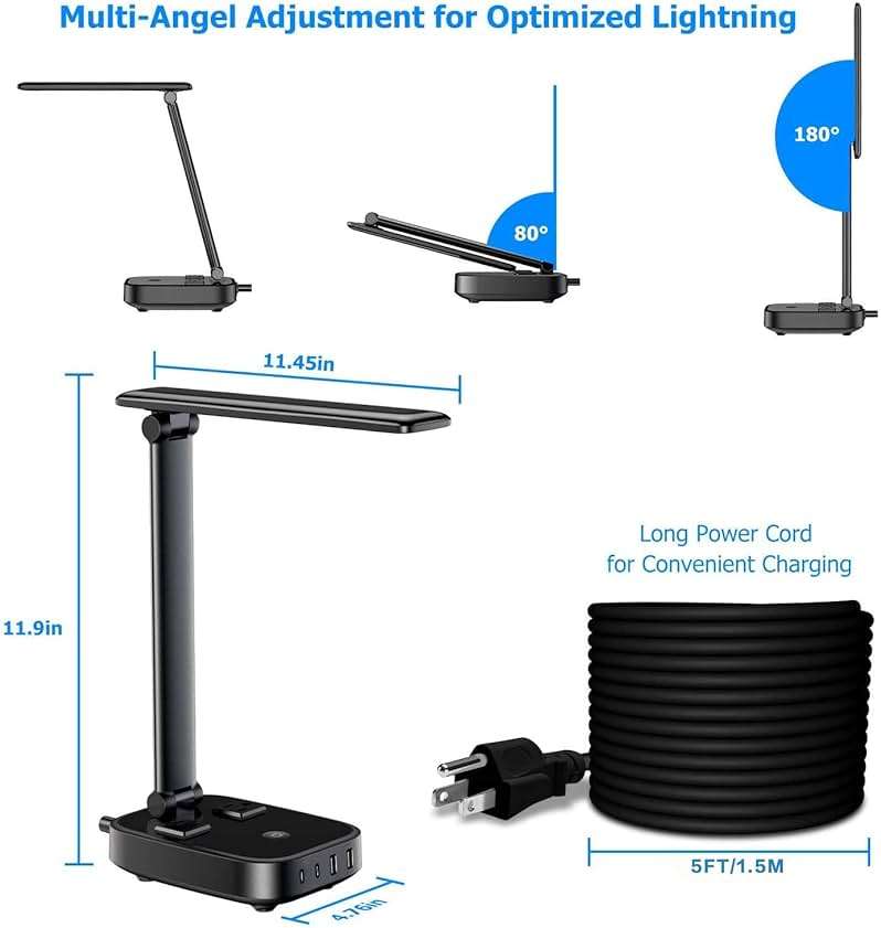 Yostyle LED Desk Lamp with 4 USB Charging Ports and 2 AC Outlets,5ft Extension Cord Power Strip Station, 3 Level Brightness, Touch Dimmer Control, Office Table Eye Care Lamp Bedroom Hotel - Image 6