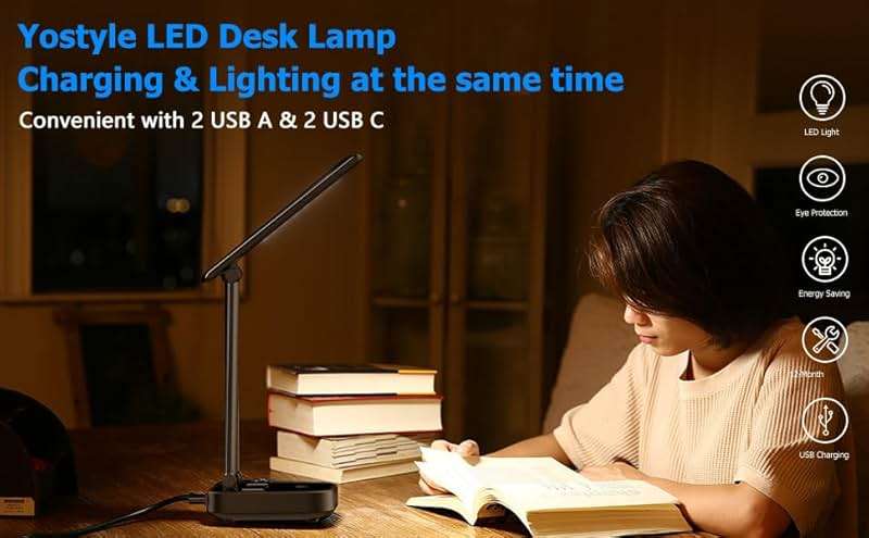 Yostyle LED Desk Lamp with 4 USB Charging Ports and 2 AC Outlets,5ft Extension Cord Power Strip Station, 3 Level Brightness, Touch Dimmer Control, Office Table Eye Care Lamp Bedroom Hotel - Image 9