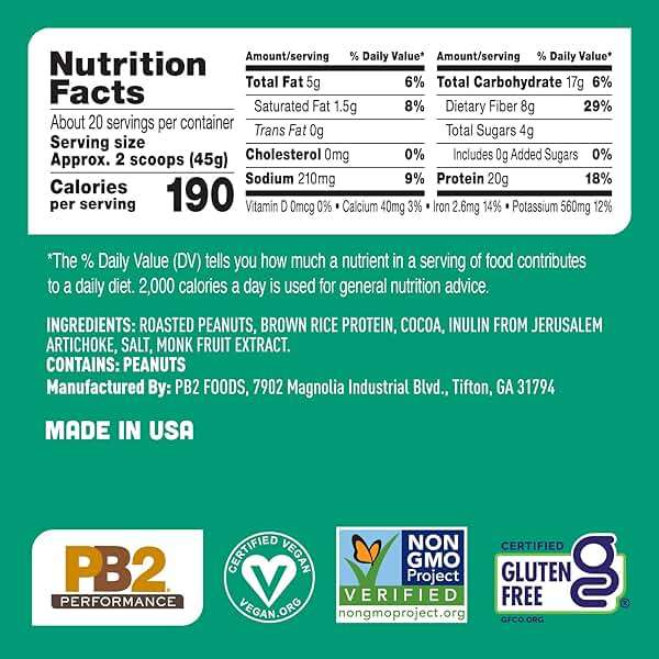 PB2 Performance Peanut Plant Based Vegan Protein Powder | 20g Complete Protein, No Added Sugar, Prebiotic Fiber | Dairy Free, Certified Vegan, Non-GMO, and Gluten Free [Peanut with Dutch Cocoa, 2lb] - Image 7