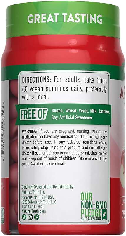 Nature's Truth Apple Cider Vinegar Gummies | 600 mg | 75 Gummies | Apple Flavor | Vegan, Non-GMO, Gluten Free Supplement - Image 7