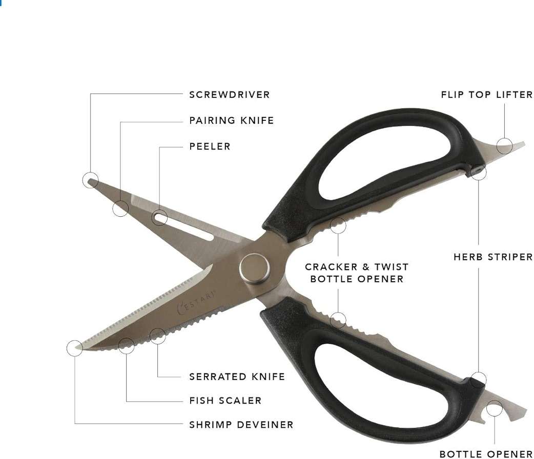 Kitchen Scissors: Heavy Duty Stainless Steel Utility Kitchen Shears for Poultry, Vegetables, Meat, Seafood, Herbs | Multi-Function Cooking Scissors with Large Black Soft Grip Handles by Cestari - Image 4