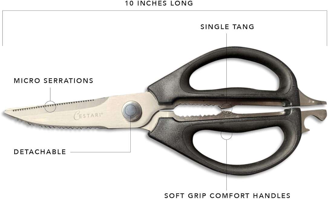 Kitchen Scissors: Heavy Duty Stainless Steel Utility Kitchen Shears for Poultry, Vegetables, Meat, Seafood, Herbs | Multi-Function Cooking Scissors with Large Black Soft Grip Handles by Cestari - Image 6