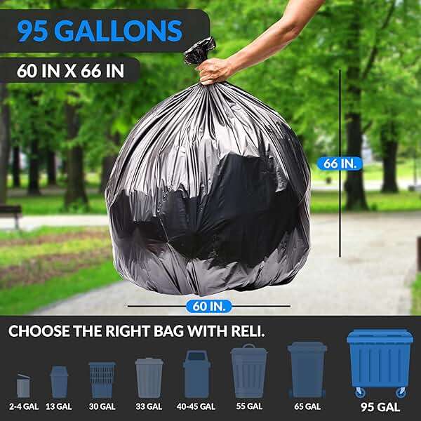 Reli. 95 Gallon Trash Bags Heavy Duty | 68 Trash Bags with Ties | Super Sizeable, Black, Serious Garbage Cleanup - Image 2