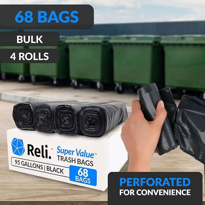 Reli. 95 Gallon Trash Bags Heavy Duty | 68 Trash Bags with Ties | Super Sizeable, Black, Serious Garbage Cleanup - Image 3
