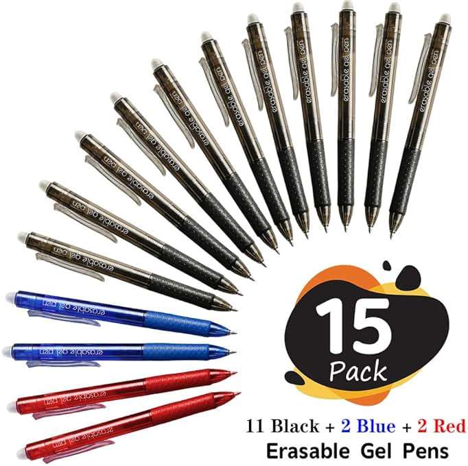 Lineon Erasable Gel Pens, 15 Pack Retractable Erasable Pens Clicker, Fine Point, Make Mistakes Disappear, 11 Black 2 Blue 2 Red Inks for School & Office - Image 3