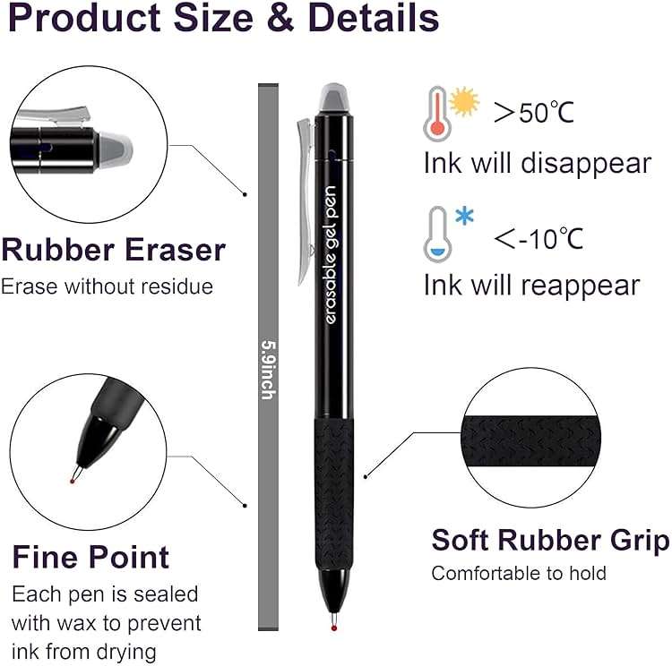 Lineon Erasable Gel Pens, 15 Pack Retractable Erasable Pens Clicker, Fine Point, Make Mistakes Disappear, 11 Black 2 Blue 2 Red Inks for School & Office - Image 4